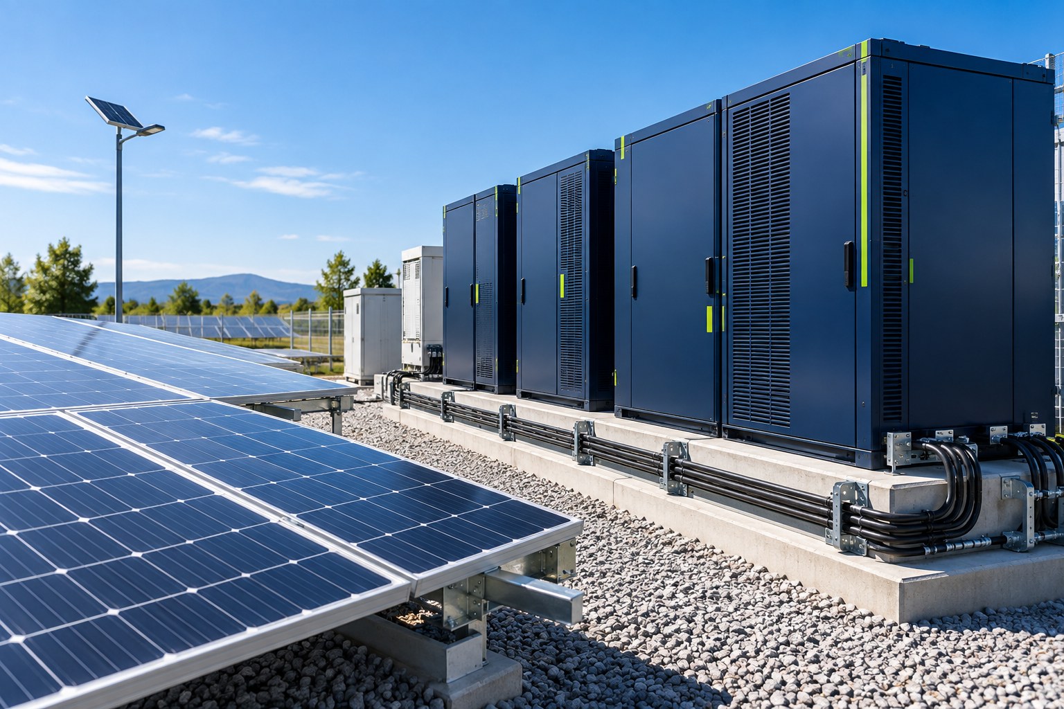 Illustrative battery storage cabinets and solar panels